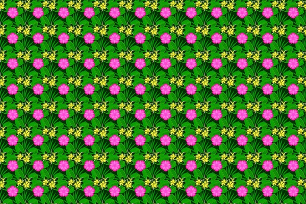 Zökkenőmentes Háttér Minta Trópusi Virágok Levelek Zöld Alapon Raszter Illusztráció — Stock Fotó