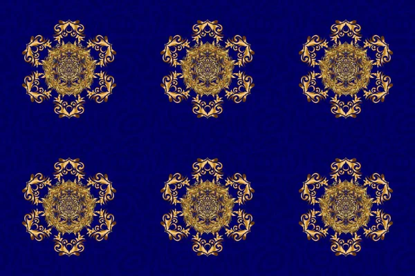 Handgetekende Gouden Mandala Een Blauwe Achtergrond Raster Abstract Patroon — Stockfoto