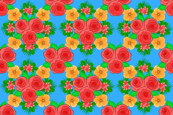 Hand Painted Illustration Blue Orange Green Colors Raster Rose Flowers — Stock Photo, Image