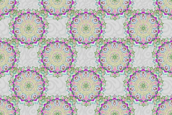 Vintage pattern. Seamless pattern with green and yellow elements for design in retro style. Universal raster pattern for wallpapers, textile, fabric, wrapping paper, packaging box etc.