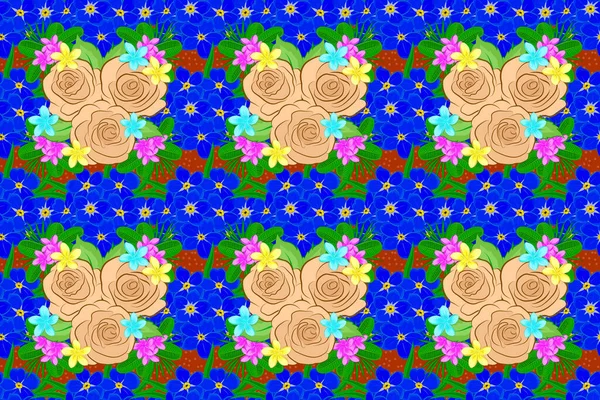 Raster rose icon. Abstract spring decorative roses with green leaves seamless pattern in green, beige and blue colors.