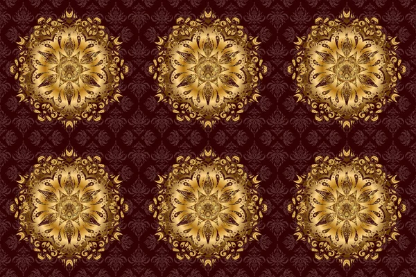 花やカールが絡み合った丸い装飾 ラスター円形の抽象的なマンダラパターン 茶色の背景に金色の曼荼羅 アラベスク — ストック写真