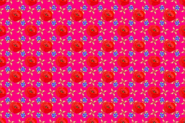 Kırmızı Mor Morumsu Renklerde Çiçekli Dikişsiz Desenler Şirin Gelincik Çiçek — Stok fotoğraf