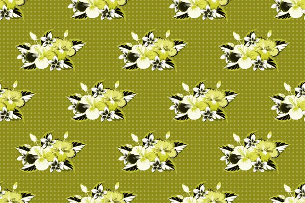 Naadloos Raster Tropisch Design Met Hibiscus Grijze Groene Gele Kleuren — Stockfoto
