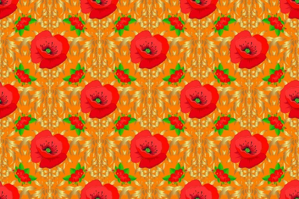 Rasterillustratie Naadloos Bloemenpatroon Schattige Papaver Bloemen Een Oranje Achtergrond — Stockfoto