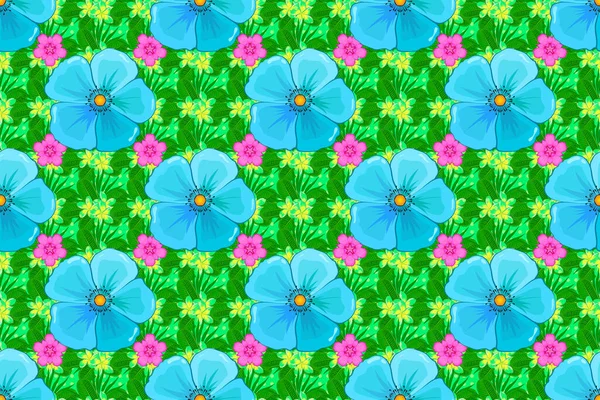 Растрова Ілюстрація Безшовний Квітковий Візерунок Милих Квітах Зеленому Тлі — стокове фото