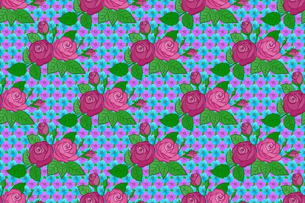 Raster Kwiaty Róży Zielone Liście Bezszwowy Wzór Płynny Wzór Kwiatowy — Zdjęcie stockowe