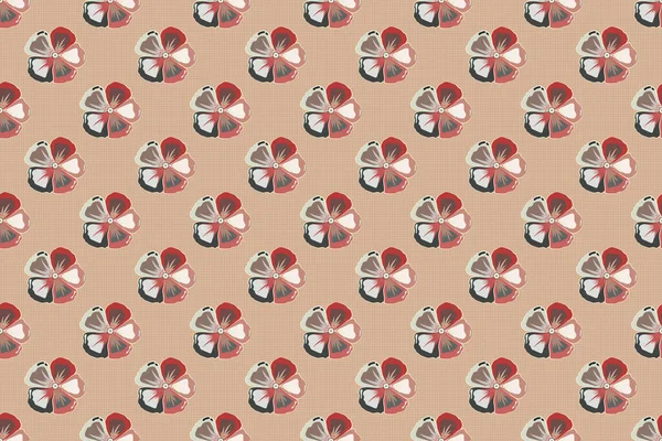 Cute cosmos flowers pattern,. Raster floral print in red, beige and gray colors. Watercolor seamless pattern on striped background.
