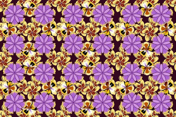 Seamless Background Pattern Decorative Plumeria Flowers Leaves Violet Red Yellow — Stock Photo, Image