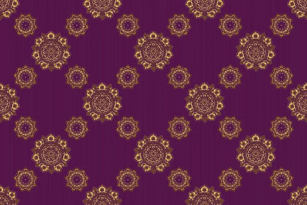 金黄色纹理卷发的无缝图案 开放的编织精致 金色的背景 东方风格的阿拉伯式背景是紫色的 光彩夺目的花边 风格各异的花 帕斯利 — 图库照片