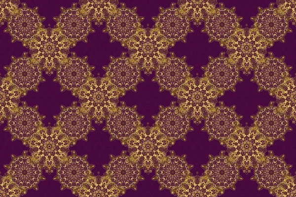 紫色の背景にデザインテンプレートのためのヴィンテージシームレスな境界とグリッド 花の黄金の要素と東部スタイルのシームレスなパターン カードのためのラスタースケッチ ありがとうメッセージ — ストック写真