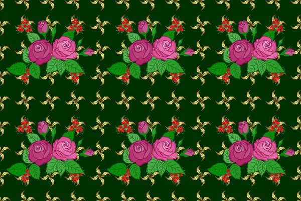 Raster Illustration Seamless Background Pattern Decorative Rose Flowers Green Leaves — Stock Photo, Image