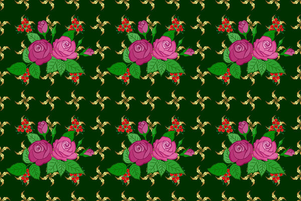 Растровая иллюстрация. Бесшовный фон с декоративными цветами роз и зелеными листьями в синем и розовом цветах
.