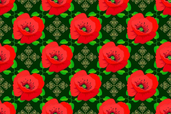 Rastrowa Ilustracja Płynny Kwiatowy Wzór Słodkie Kwiaty Maku Zielonym Tle — Zdjęcie stockowe