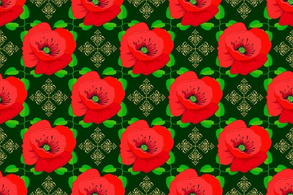 Rasterillustratie Naadloos Bloemenpatroon Schattige Papaver Bloemen Een Groene Achtergrond — Stockfoto