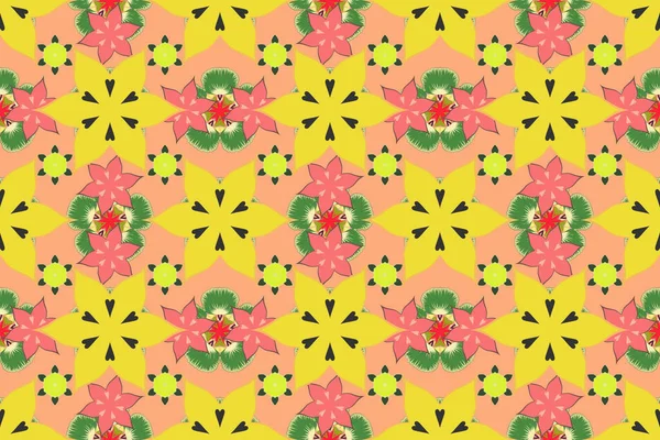 ラスターイラスト 抽象的な優雅さピンク ベージュ 黄色の花のモチーフとシームレスなパターン — ストック写真