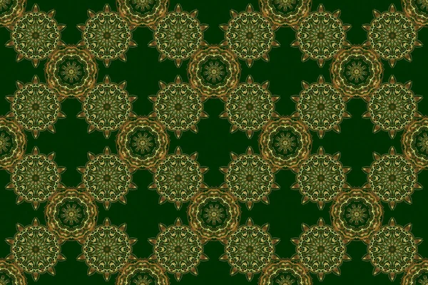 Vintage design with gold ornaments. Abstract raster seamless pattern with golden ornaments on a green backdrop.