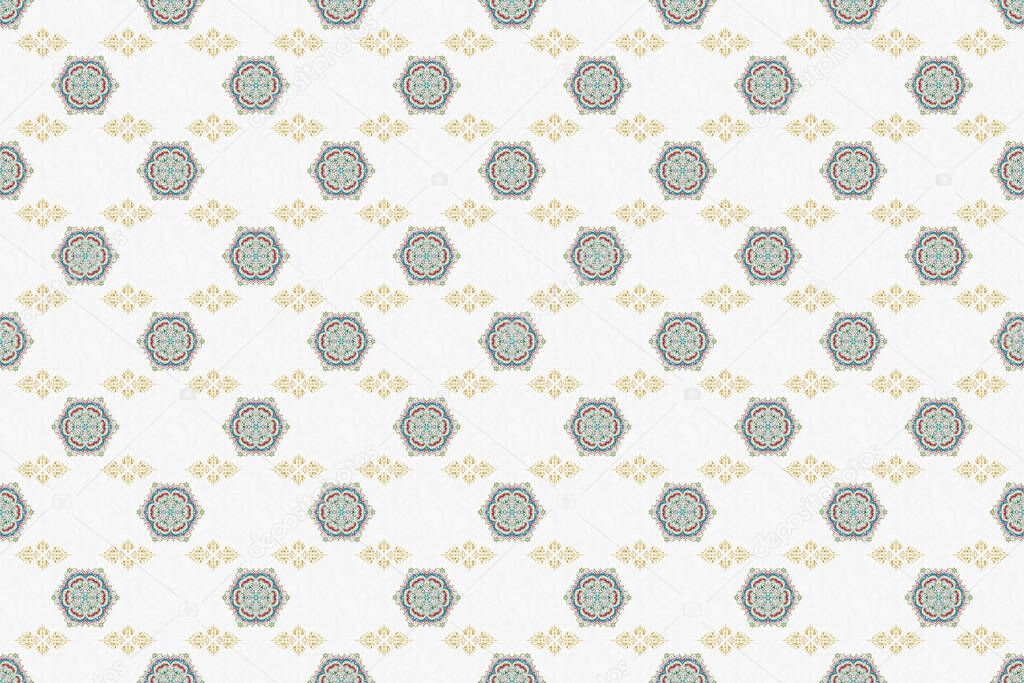Vintage ornament. Abstract classic seamless pattern with green, blue and yellow elements on a white background.