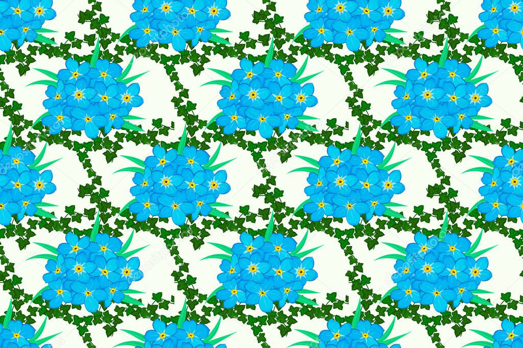 Seamless texture of floral ornament on a beige background. Optical illusion with forget-me-not flowers. Raster illustration good for the interior design, printing, web and textile design.