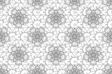 Raster klasik ana hatlı damaske süsü. Siyah ve beyaz renklerde pürüzsüz kiremit deseni. Yapılandırılmış soyut çiçekler.