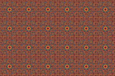 Çiçek ve yaprakların turuncu, kırmızı ve mavi renkte olduğu derlenmemiş çiçek deseni..