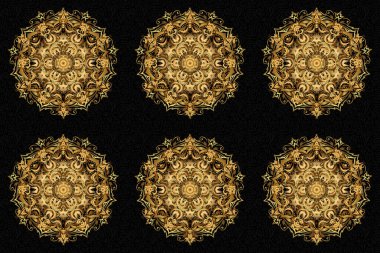 Logo, oyun, kapak, kart için tasarım. Raster kutsal geometri yuvarlak altın sembol üzerinde parlayan yıldızlar siyah arka planda.