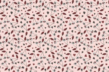 Pembe, gri ve kahverengi kiraz buketleri. Raster illüstrasyonu. Kusursuz desen.