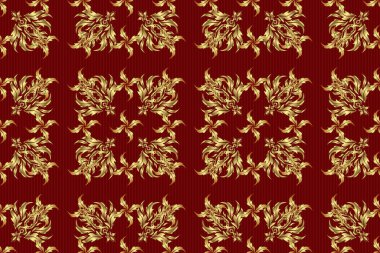 Raster illüstrasyonu. Kırmızı arka planda altın elementlerle kusursuz desen. Noel kartları, dekorasyon, menüler, ağ, afişler ve şarap ve tatillerle ilgili tasarımlar için iyidir..