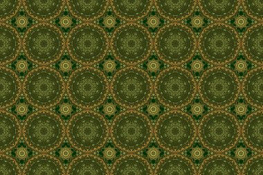 Raster illüstrasyonu. Basit, pürüzsüz bir desen. Yeşil arka planda altın yıldızlar. Klasik süs.