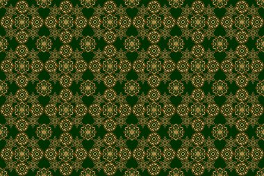 Kartlar, davetiyeler, düğün, ambalaj kağıtları için el yapımı raster deseni. Pırıl pırıl altın şeritler, zikzak semboller, dalgalı şeritler, yeşil üzerinde pürüzsüz desen altın çizgiler..