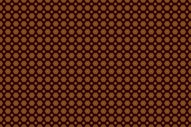 Altın dairesel mandala, yıldızlar ve kar taneleri ile geleneksel süs arkaplanının pürüzsüz deseni kahverengi bir zeminde..