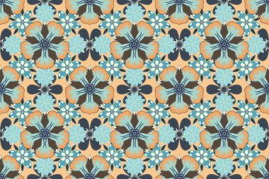 Sarı, bej ve mavi renklerde çiçeklerin kusursuz dokusu. Optik yanılsama. Raster illüstrasyonu iç tasarım, baskı, web ve tekstil tasarımı için iyidir..