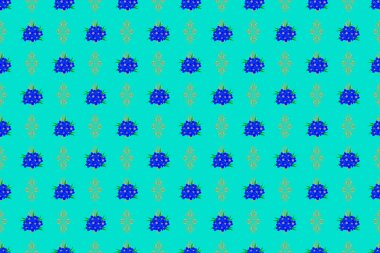 Yeşil ve mavi renklerde, modern, renksiz çiçek deseni. Çiçek izi. Tekrarlanan Raster Unutma-beni-çiçekleri deseni.