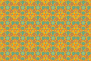 Optik yanılsama. Çiçeklerin turuncu, yeşil ve sarı renklerdeki kusursuz dokusu. Raster illüstrasyonu iç tasarım, baskı, web ve tekstil tasarımı için iyidir..