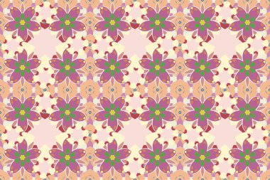 Raster yeşil, bej ve pembe desenli tasarımınız için. Eski bir süs. Ambalaj kağıdı, baskı, kumaş veya tekstil için modern geometrik dikişsiz desen.