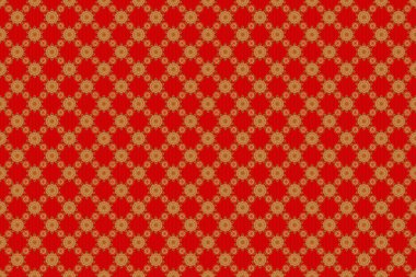 Kırmızı ve altın pürüzsüz desen. Kırmızı arka planda kusursuz, soyut modern model. Altın elementlerle Geometrik yineleyici süs.