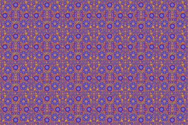 Raster illüstrasyonu. Parlak sarı, mor ve mavi elementlerle kusursuz bir Noel deseni..