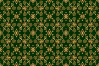 Yeşil zemin üzerinde kusursuz altın elementler. Kutlama kartlarını süslemek için alet çantası. Parlayan ışıklarla yeşil arka planda altın parıltılı süsler..