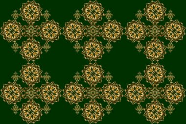 Yeşil arkaplanda tasarım şablonu için klasik dikişsiz sınır ve ızgara. Çiçekli altın elementlerle doğu tarzında kusursuz bir desen. Kartlar için Raster eskizi, teşekkür mesajı, yazdırma.
