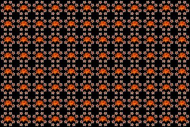 Kompozisyonda egzotik çiçekler. Turuncu, kırmızı ve menekşe renginde siyah bir zemin üzerinde amber çiçeği olan kusursuz bir raster tropikal tasarımı. Yaz modası, iç mekan, duvar kağıdı deseni.