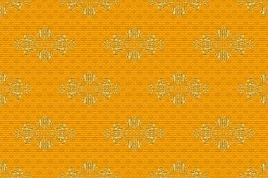 Raster tasarım için dekoratif elementler. Sarı arka planda dekoratif altın pürüzsüz desen. Geleneksel çiçek dekoru. Davetiyeler, tebrik kartları, paketleme için süslemeli desen.