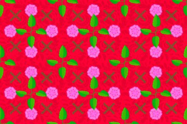 Çiçeklerin yeşil, pembe ve kırmızı renklerdeki kusursuz dokusu. Raster çizimi iç tasarım, baskı, web ve tekstil tasarımı için iyidir. Optik yanılsama.