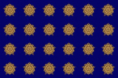 Süslü, doğu mandala altın şeritli. Sanat, yuvarlak, mavi arka planda izole edilmiş altın gradyanı olan renkli bir süs..