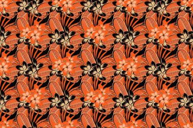 Dekorasyon ve tasarım için güzel bir desen. Turuncu, bej ve kırmızı renkli moda baskı. Plumeria çiçekleriyle sulu boya desenli. Plumeria çiçekleriyle klasik tarzda zarif bir desen..