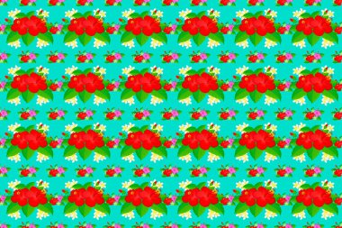 Raster illüstrasyonu. Parlak, güzel, çiçekli, pürüzsüz bir arka plan. Mavi arka planda soyut, sevimli çiçek deseni..