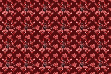 Üzerinde pembe, siyah ve kırmızı renkte gül çiçekleri olan el yapımı bir çizim. Suluboya pembe, siyah ve kırmızı güller dikişsiz desen. Çiçek kart tasarımı.