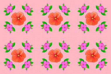 Raster kusursuz çiçek deseni, kozmos çiçekleri ve pembe arka planda yapraklar..
