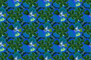 Raster plumeria çiçeği mavi ve yeşil renklerde kusursuz desen.