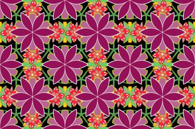 Ditsy tarzı. Mor, pembe, yeşil ve siyah renklerde klasik raster çiçekleri. Küçük çiçeklerle basmak. Moda baskıları için sevimli kusursuz desen.