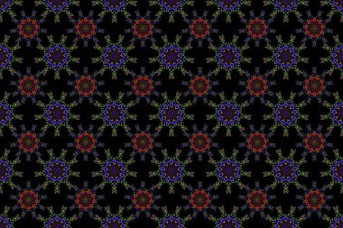 Siyah arkaplanda yeşil ve mor renklerde raster pürüzsüz desen. Kar taneleri yeni yıl arifesinde kışı geçirir.